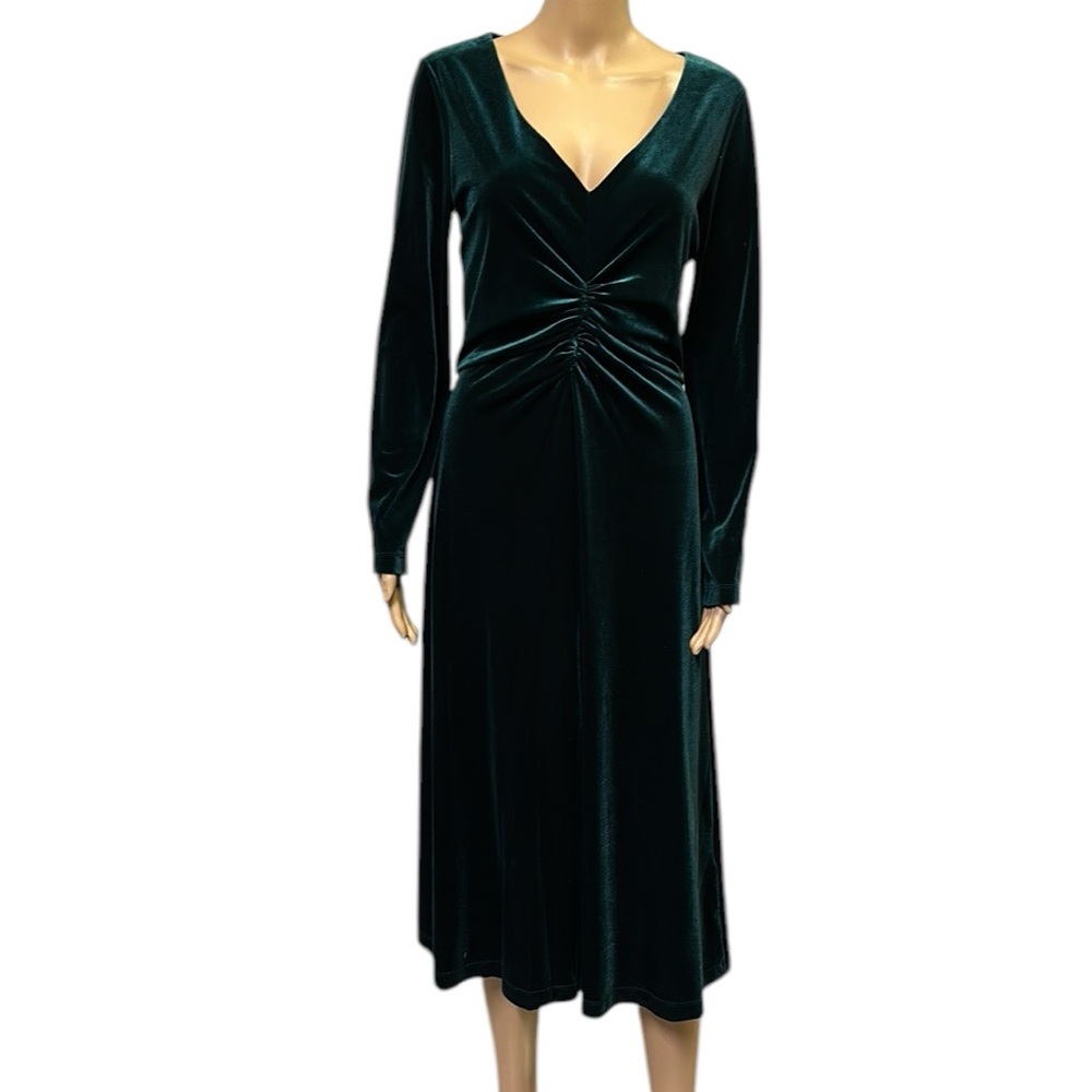 Eliza J V Neck Long Sleeve Velvet Emerald Green Midi Zip Back Dress Womens 10